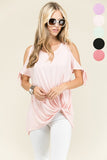 SOLID SELF TIE OPEN SHOULDER FRONT KNOTTED TUNIC TOP