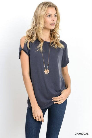 Solid modal short sleeve top with raw cut twisted open sleeve and side slits