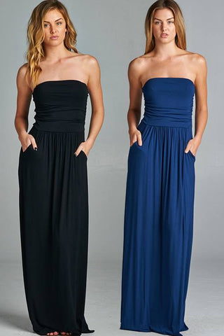 SOLID STRAPLESS MAXI DRESS WITH SIDE POCKETS