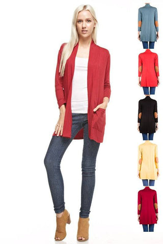 SOLID JERSEY OPEN CARDIGAN WITH SUEDE ELBOW PATCH AND POCKET