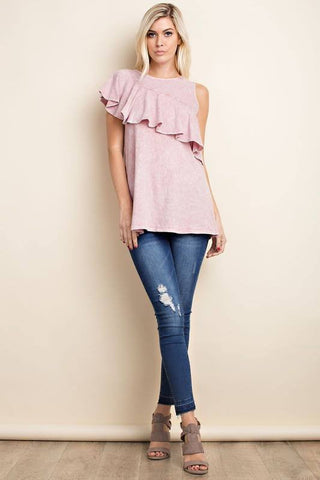 MINERAL WASHED COTTON SLUB TUNIC TANK WITH DIAGONAL RUFFLES RUNNING ALONG CHEST
