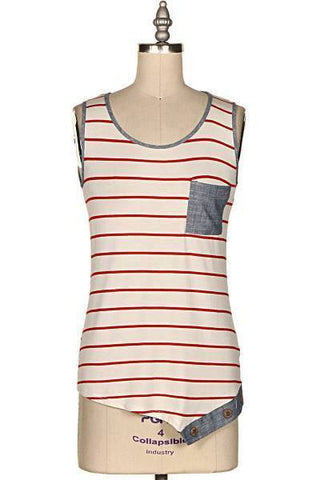 Striped Sleeveless Top with pocket and button accents