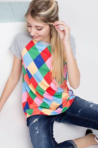 A diamond shape french terry multi-colors top with short sleeves